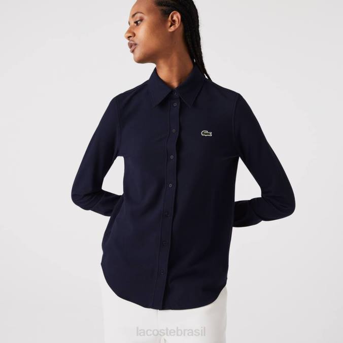 Lacoste mulheres camisa piquê de algodão com gola francesa azul-marinho P2PX2649 roupas