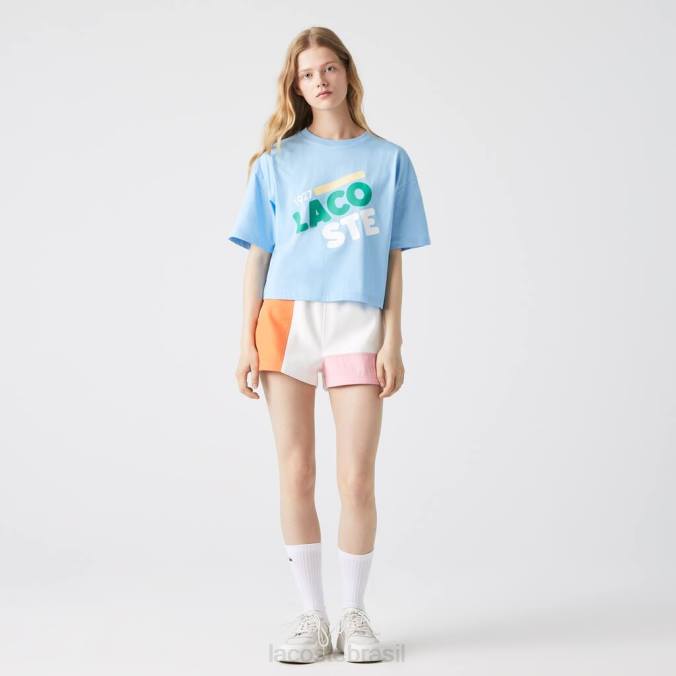 Lacoste mulheres camiseta curta e solta de algodão orgânico azul P2PX2611 roupas