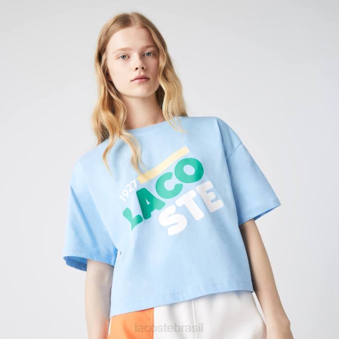 Lacoste mulheres camiseta curta e solta de algodão orgânico azul P2PX2611 roupas