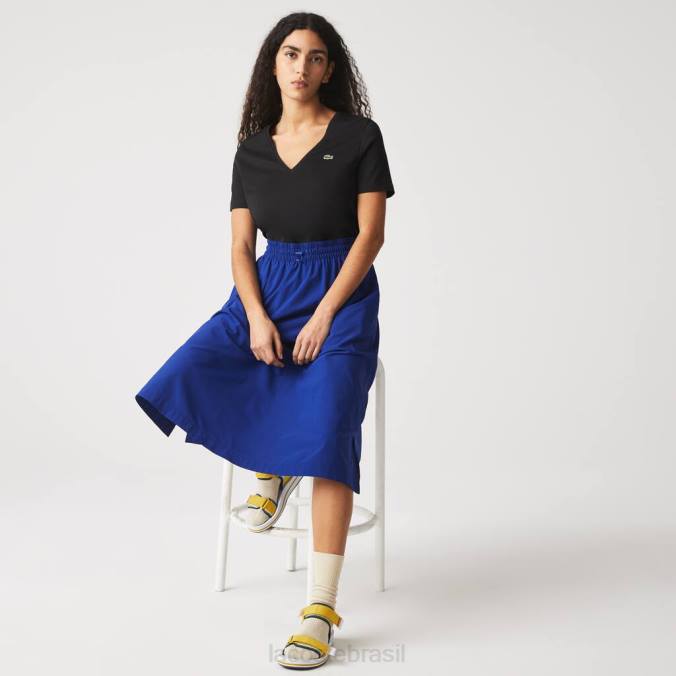 Lacoste mulheres camiseta de algodão folgada com decote em V preto P2PX2606 roupas