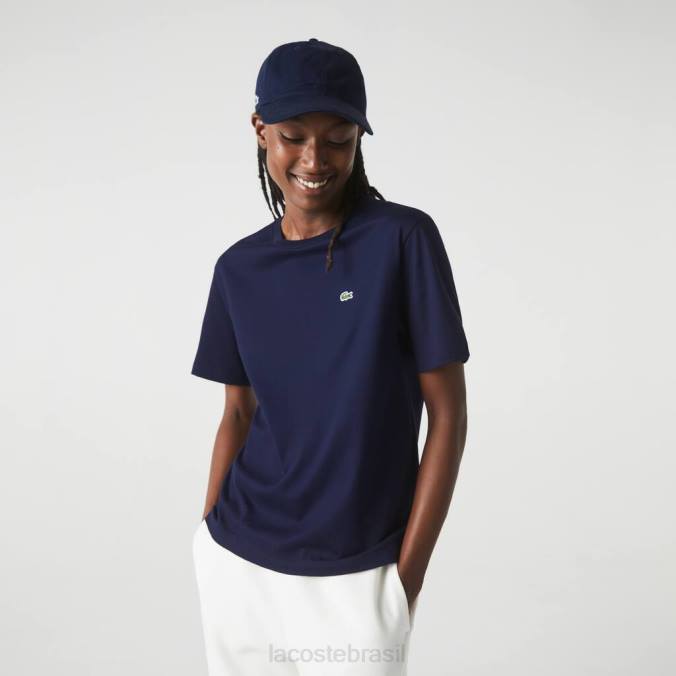 Lacoste mulheres camiseta de algodão premium com gola redonda azul-marinho P2PX2589 roupas