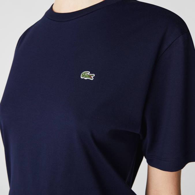 Lacoste mulheres camiseta de algodão premium com gola redonda azul-marinho P2PX2589 roupas
