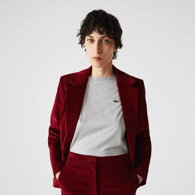 Lacoste mulheres camiseta de algodão premium com gola redonda chino cinza P2PX2591 roupas