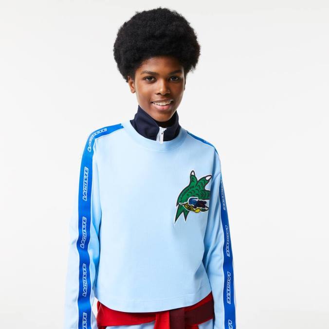 Lacoste mulheres camiseta de banda estampada folgada azul P2PX2571 roupas