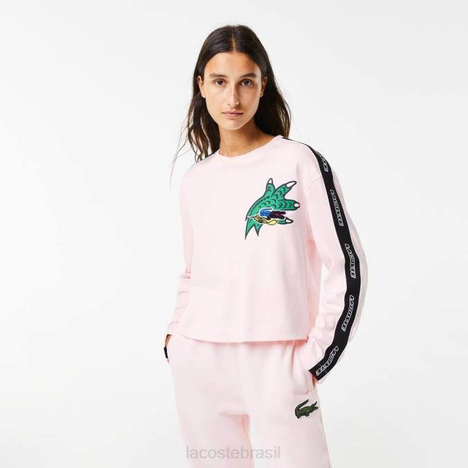 Lacoste mulheres camiseta de banda estampada folgada luz rosa P2PX2570 roupas
