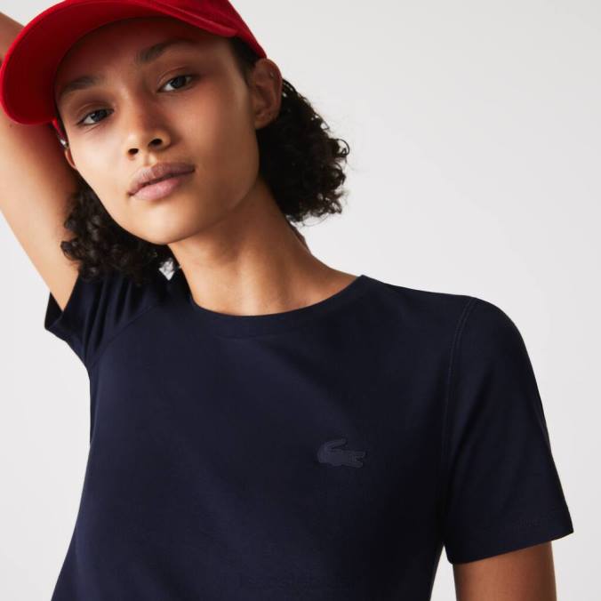 Lacoste mulheres camiseta de mistura de algodão com gola redonda azul-marinho P2PX2564 roupas