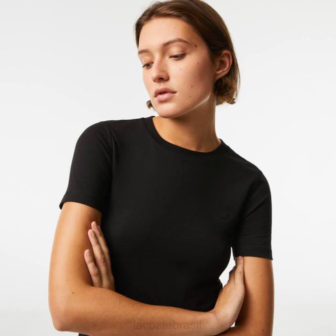 Lacoste mulheres camiseta de mistura de algodão com gola redonda preto P2PX2566 roupas