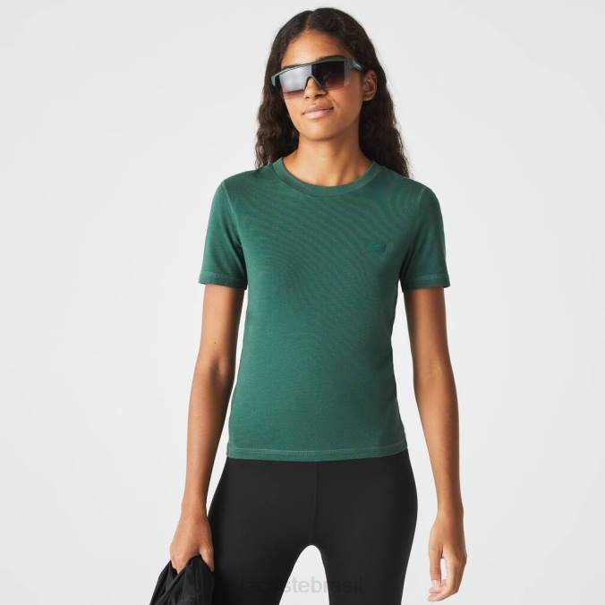 Lacoste mulheres camiseta de mistura de algodão com gola redonda verde P2PX2565 roupas