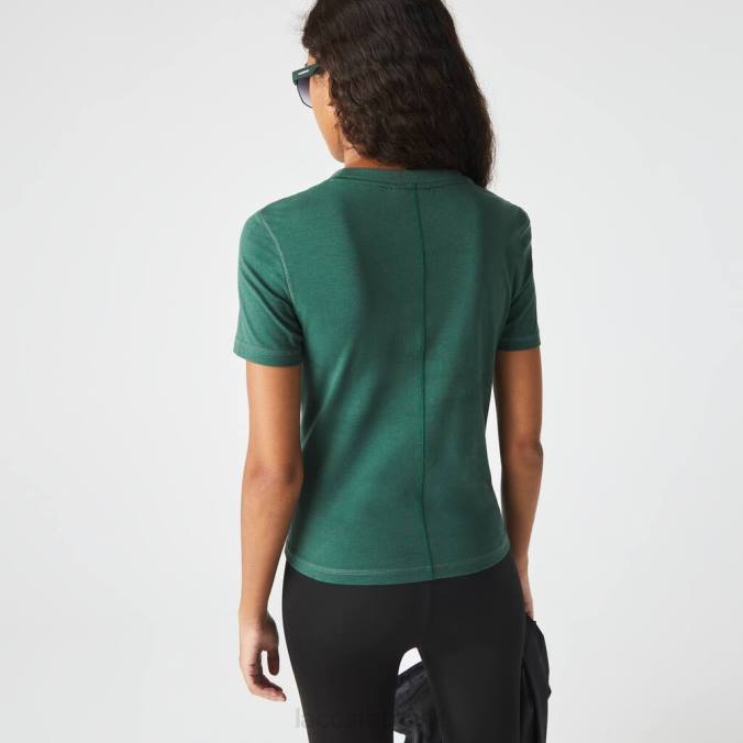 Lacoste mulheres camiseta de mistura de algodão com gola redonda verde P2PX2565 roupas