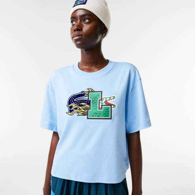 Lacoste mulheres camiseta oversized de algodão orgânico azul P2PX2568 roupas