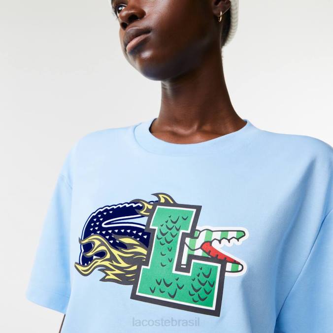 Lacoste mulheres camiseta oversized de algodão orgânico azul P2PX2568 roupas