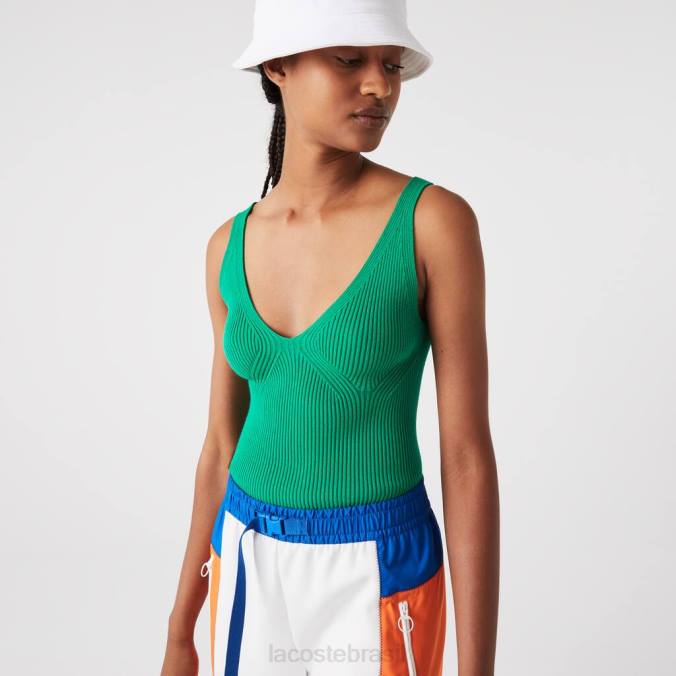 Lacoste mulheres regata de malha canelada sem costura verde P2PX2647 roupas