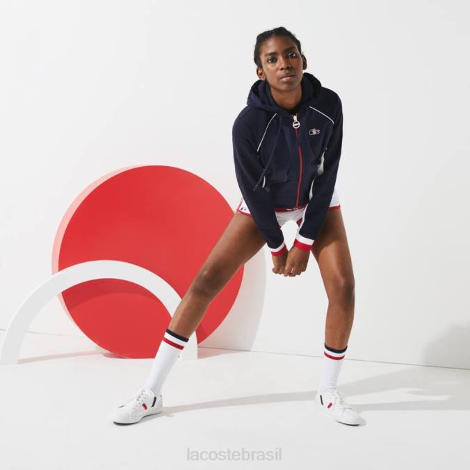 Lacoste mulheres esporte francês sporting spirit edition jaqueta de lã com zíper azul marinho/branco/vermelho P2PX2610 roupas