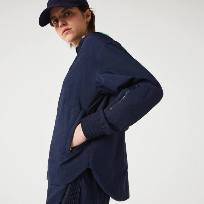 Lacoste mulheres jaqueta esportiva leve de nylon e malha com zíper azul marinho/verde P2PX2633 roupas