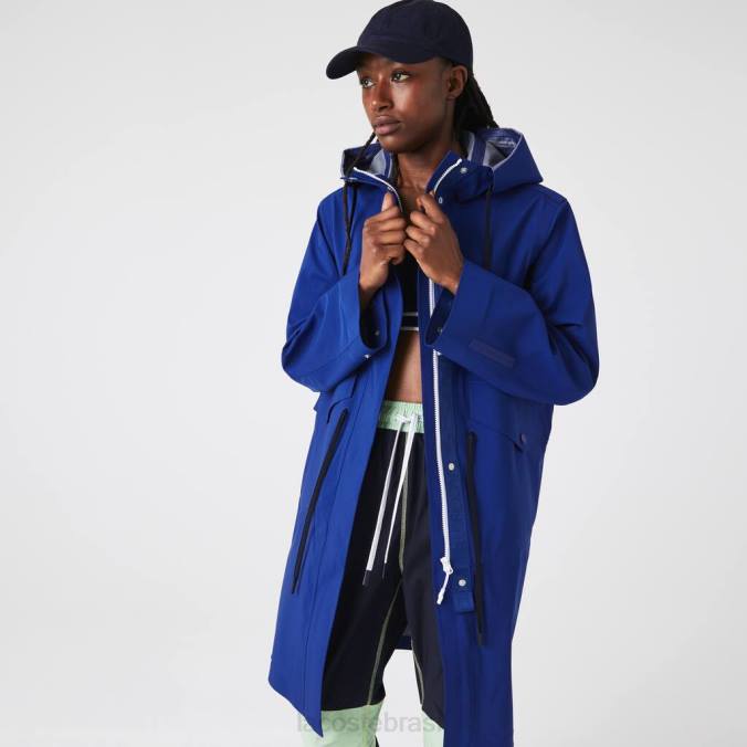 Lacoste mulheres parka longa com capuz resistente à água azul P2PX2628 roupas