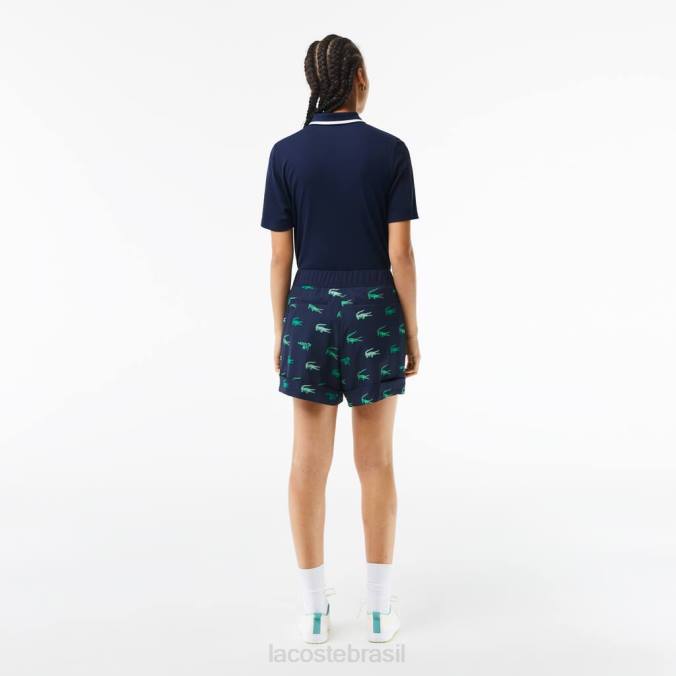 Lacoste mulheres bermuda estampada leve de golfe azul-marinho P2PX2447 roupas
