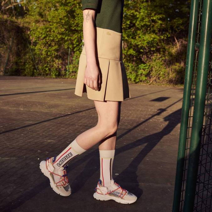 Lacoste mulheres saia tênis de lona plissada edição desfile de moda bege P2PX2664 roupas