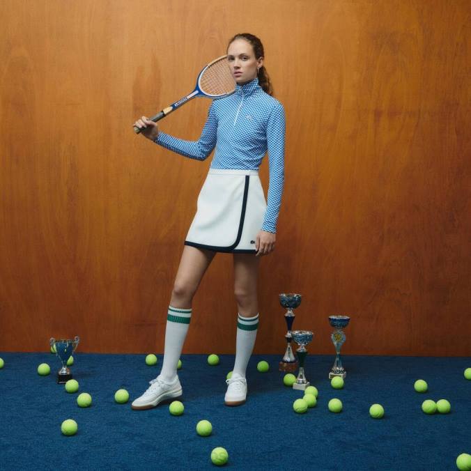 Lacoste x Goop mulheres saia piquê duas camadas branco/azul marinho P2PX2670 roupas