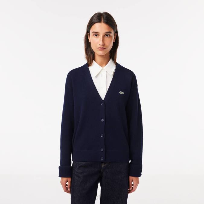 Lacoste mulheres cardigan de lã com decote em V azul-marinho P2PX2641 roupas