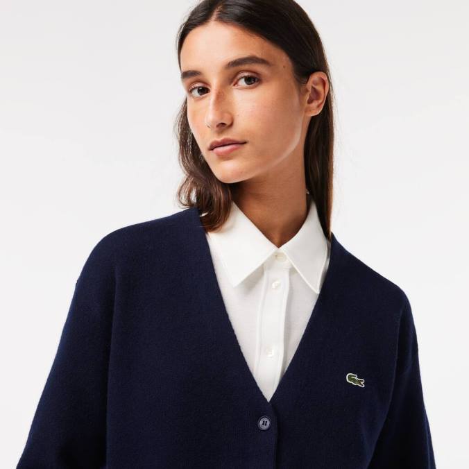 Lacoste mulheres cardigan de lã com decote em V azul-marinho P2PX2641 roupas
