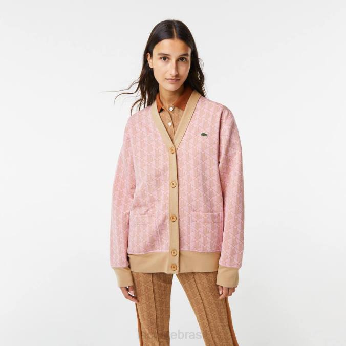 Lacoste mulheres cardigan folgado com estampa monogramada rosa claro/bege P2PX2634 roupas
