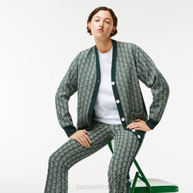 Lacoste mulheres cardigan folgado com estampa monogramada verde/bege P2PX2635 roupas