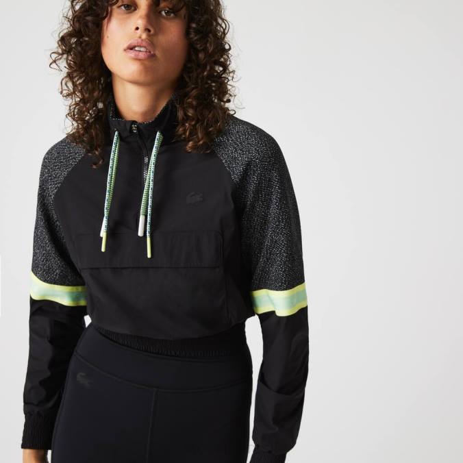 Lacoste mulheres moletom esporte folgado cropped colorblock preto P2PX2580 roupas