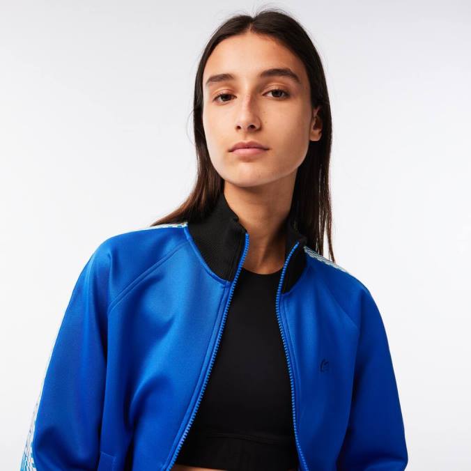 Lacoste mulheres moletom folgado com listra e zíper e logo azul preto P2PX2398 roupas
