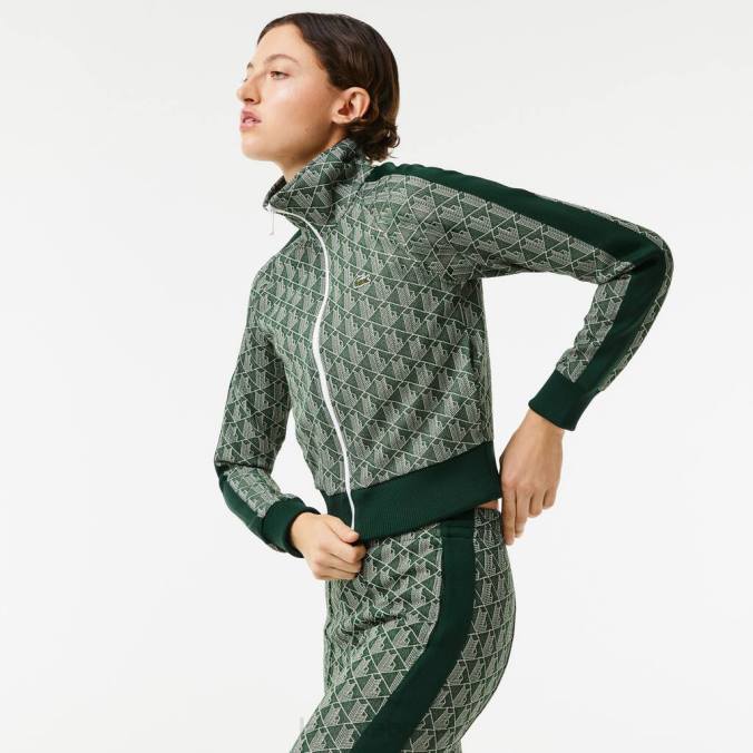 Lacoste mulheres moletom regular fit com zíper e monograma verde/bege P2PX2537 roupas