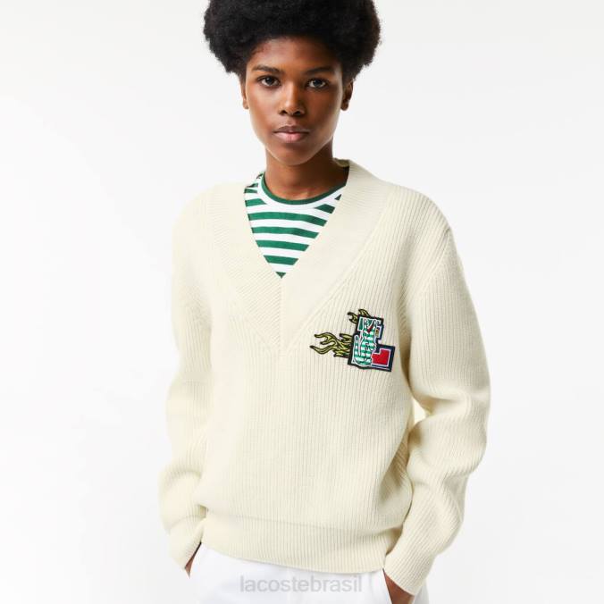 Lacoste mulheres suéter de lã com decote em V com emblema em quadrinhos branco P2PX2642 roupas