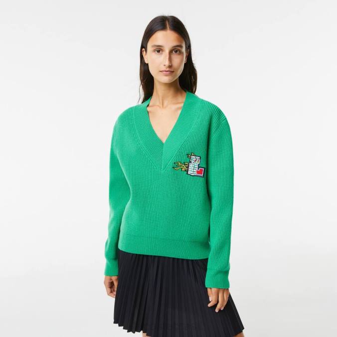 Lacoste mulheres suéter de lã com decote em V com emblema em quadrinhos verde P2PX2643 roupas