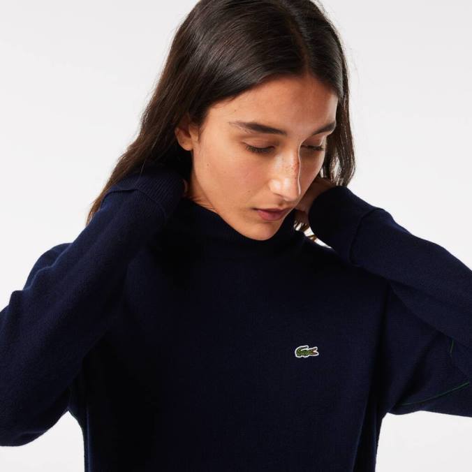 Lacoste mulheres suéter de lã com gola alta azul-marinho P2PX2650 roupas