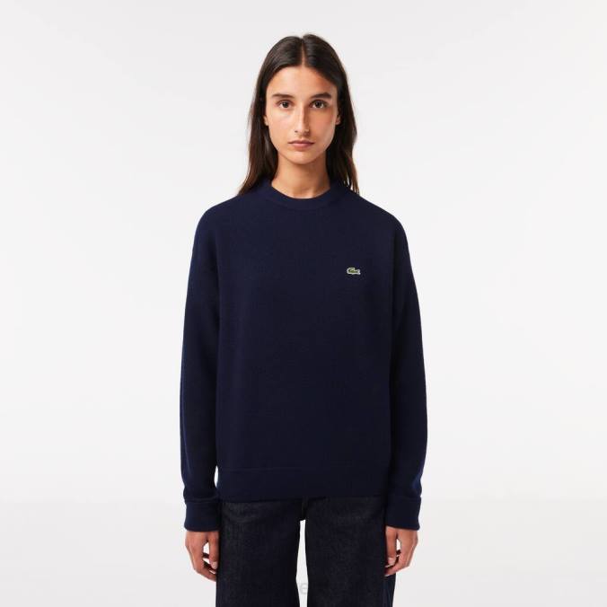 Lacoste mulheres suéter de lã com gola redonda azul-marinho P2PX2639 roupas