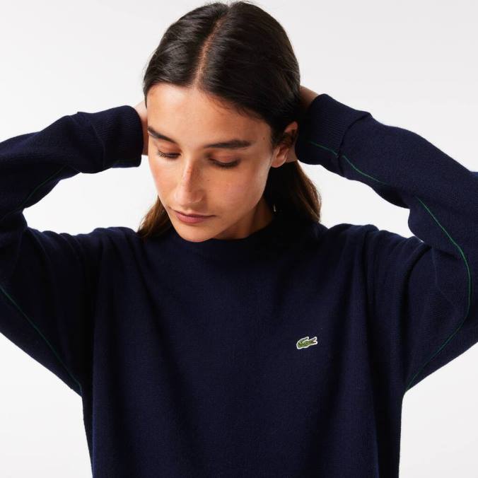 Lacoste mulheres suéter de lã com gola redonda azul-marinho P2PX2639 roupas