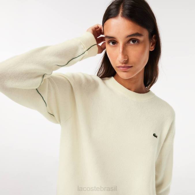 Lacoste mulheres suéter de lã com gola redonda branco P2PX2640 roupas