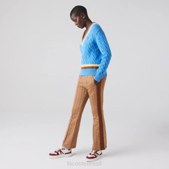 Lacoste mulheres suéter de lã tricotado com decote em V azul/amarelo/marrom P2PX2636 roupas
