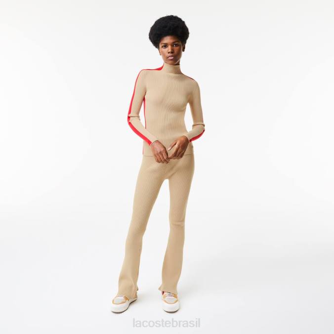 Lacoste mulheres suéter sem costura com faixas de contraste bege/vermelho P2PX2657 roupas