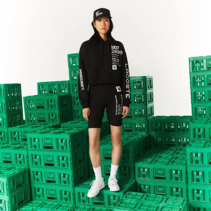Lacoste x Minecraft mulheres moletom com capuz de lã grande preto P2PX2585 roupas