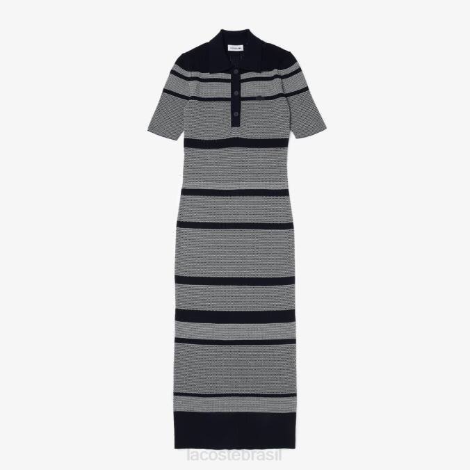 Lacoste mulheres vestido polo listrado de malha de algodão com comprimento médio Preto branco P2PX2509 roupas