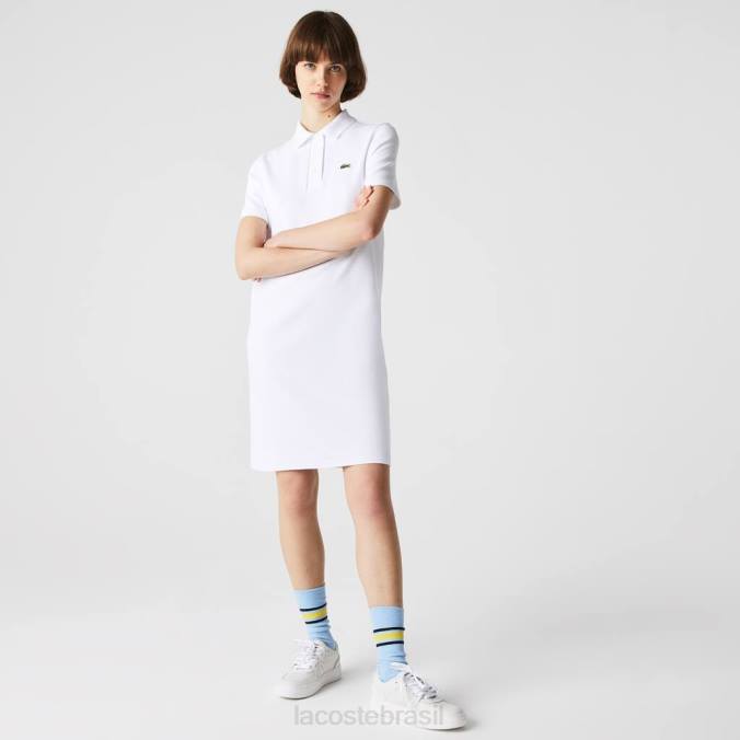 Lacoste mulheres vestido polo piquê manga trompete branco P2PX2511 roupas