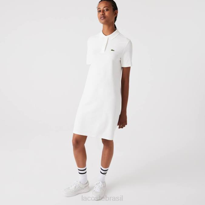 Lacoste mulheres vestido polo piquê manga trompete branco P2PX2512 roupas