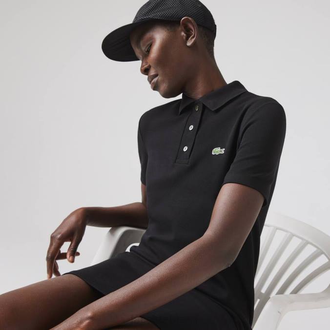Lacoste mulheres vestido polo piquê manga trompete preto P2PX2510 roupas