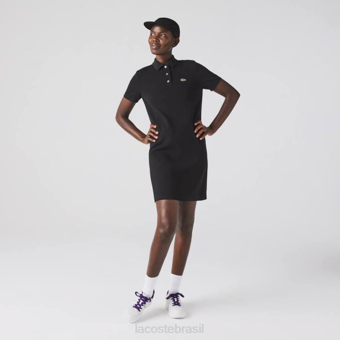Lacoste mulheres vestido polo piquê manga trompete preto P2PX2510 roupas