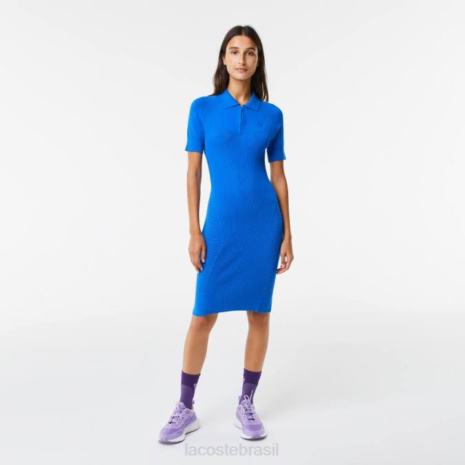 Lacoste mulheres vestido com detalhes em malha e zíper frontal azul P2PX2482 roupas
