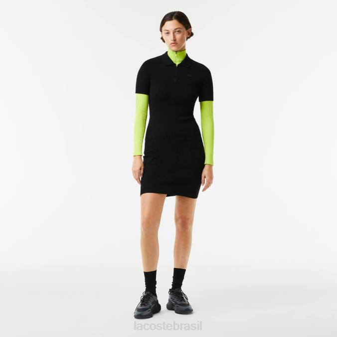 Lacoste mulheres vestido com detalhes em malha e zíper frontal preto P2PX2481 roupas