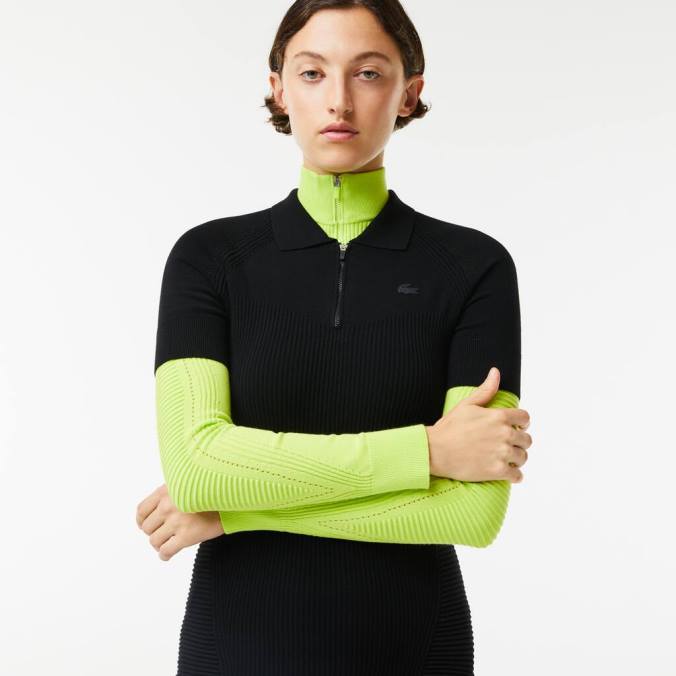 Lacoste mulheres vestido com detalhes em malha e zíper frontal preto P2PX2481 roupas