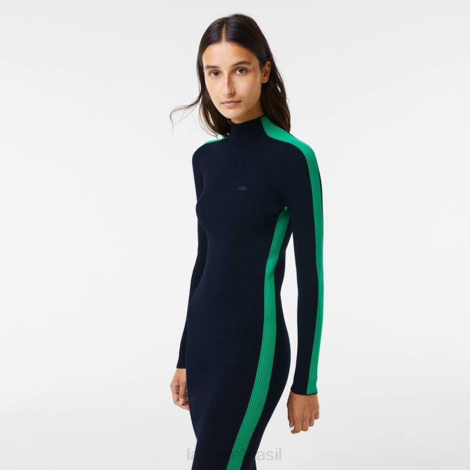 Lacoste mulheres vestido de malha sem costura com faixa de contraste azul marinho/verde P2PX2485 roupas