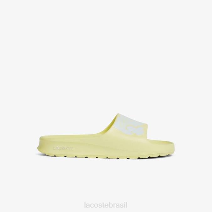 Lacoste mulheres slides com alça de logotipo sintético croco 2.0 amarelo claro e branco P2PX2759 sapato