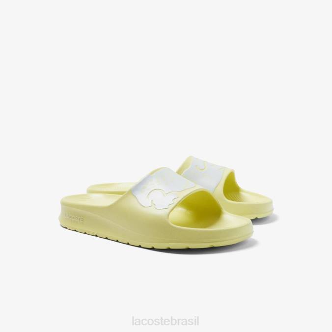 Lacoste mulheres slides com alça de logotipo sintético croco 2.0 amarelo claro e branco P2PX2759 sapato