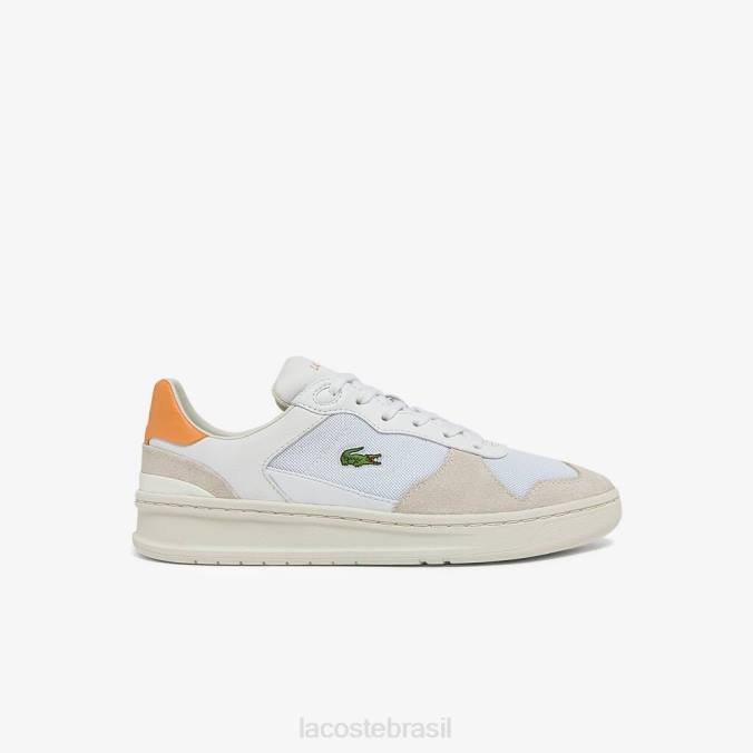 Lacoste mulheres tênis perf-shot em camurça e tecido branco/laranja P2PX2750 sapato